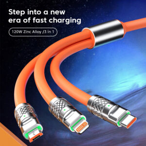 3 in 1  Data Cable 120w Silicone Fast Charging Cable for iPhone / Micro Usb / Type-C