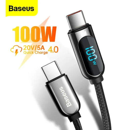Baseus LED Display C-C Cable | 100W PD Fast Charging, Durable Nylon Braided